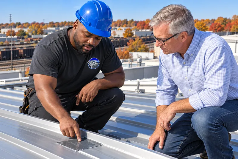 Roofer pointing out a lifted panel lap to a building owner during a metal roof walk