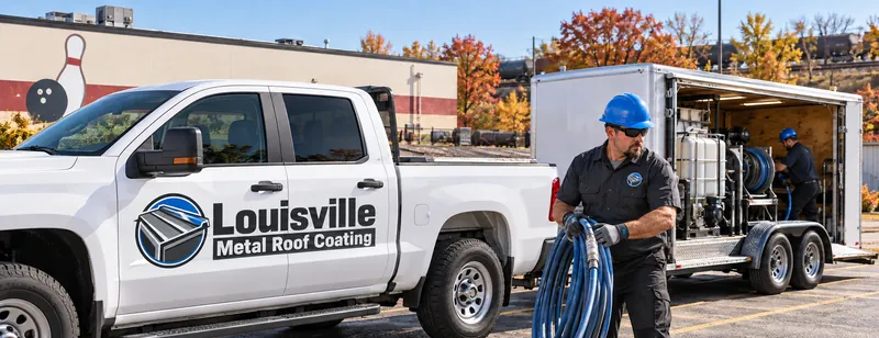 Coating rig trailer and hose reel staged beside a commercial building parking lot