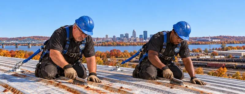 Roofers in fall-protection harnesses wire brushing rust off metal roof panels