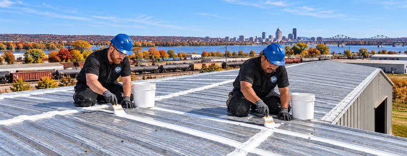 Crew brushing seam sealer over panel laps on a metal roof
