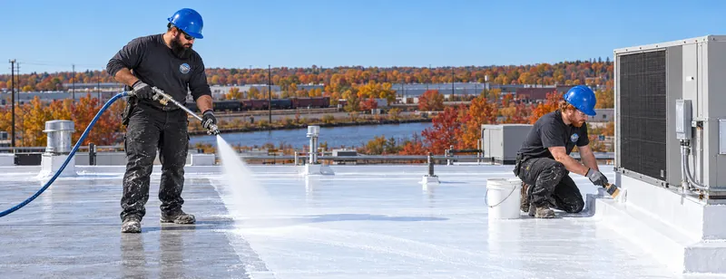 Roofer spraying white silicone coating near a rooftop HVAC unit