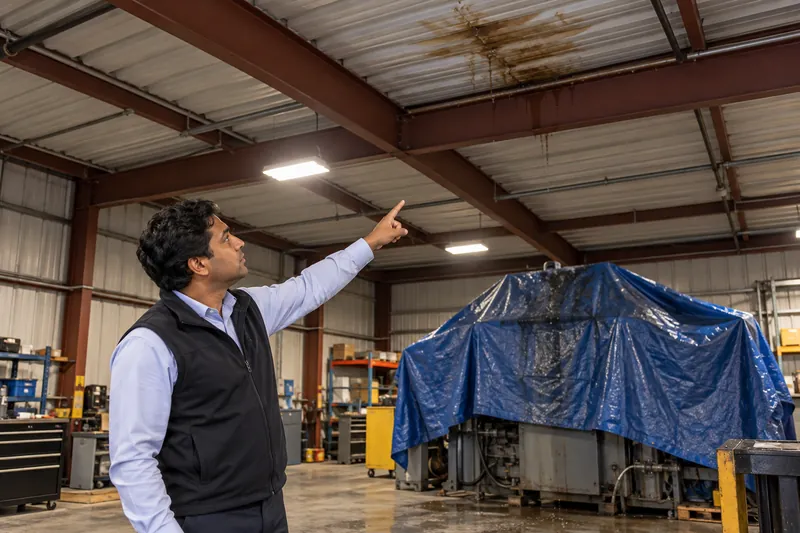 Facility manager pointing to a roof leak above tarp-covered equipment inside a metal building