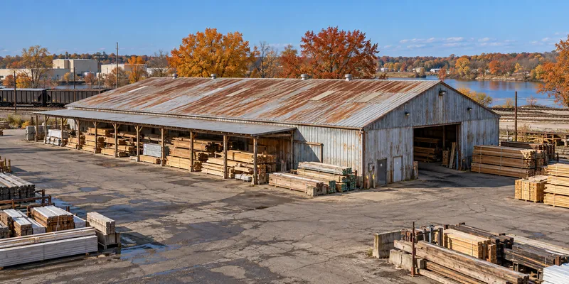 Open-sided metal storage building with rust-streaked roof panels at a lumber yard