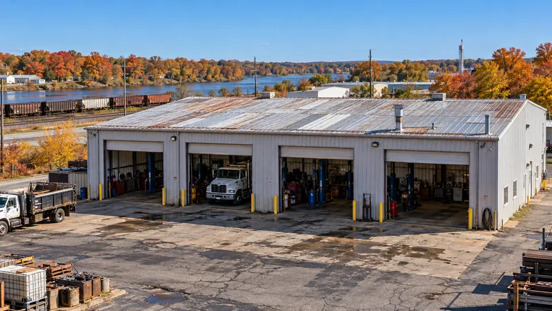 Metal service shop with roll-up bay doors and a weathered panel roof