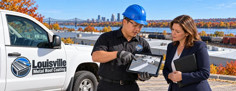 Roofer reviewing roof photos on a tablet with a property manager beside a work truck